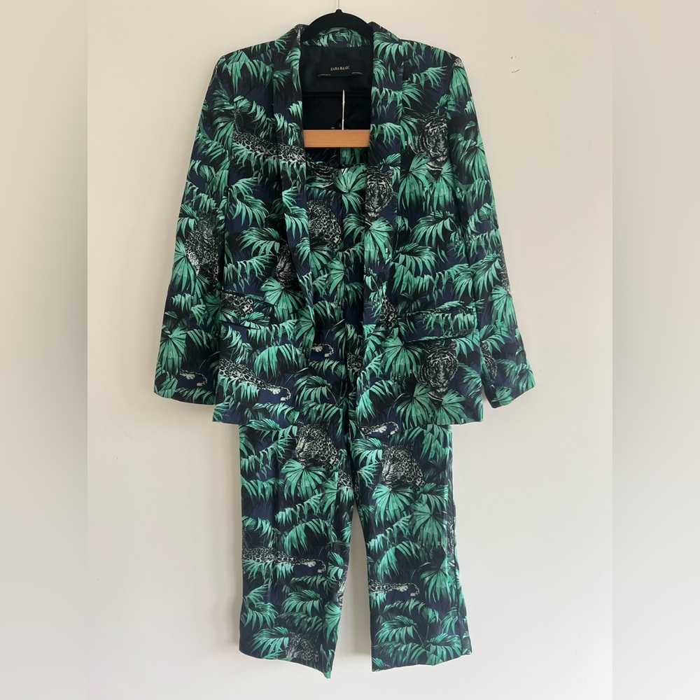 ZARA Basic Tropical Jungle Satin Blazer & Pants Suit Womens 2-Piece Set XS / S